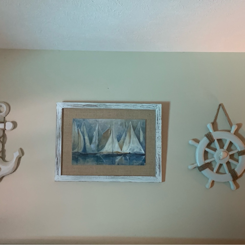 Sailboat Wall Art w White Frame plus an Anchor & boat wheel